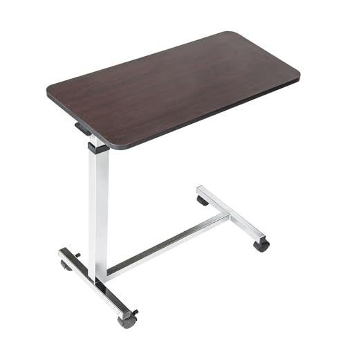 Drive Medical Non-Tilt Overbed Table with Wheels, Height-Adjustable Laminate Top