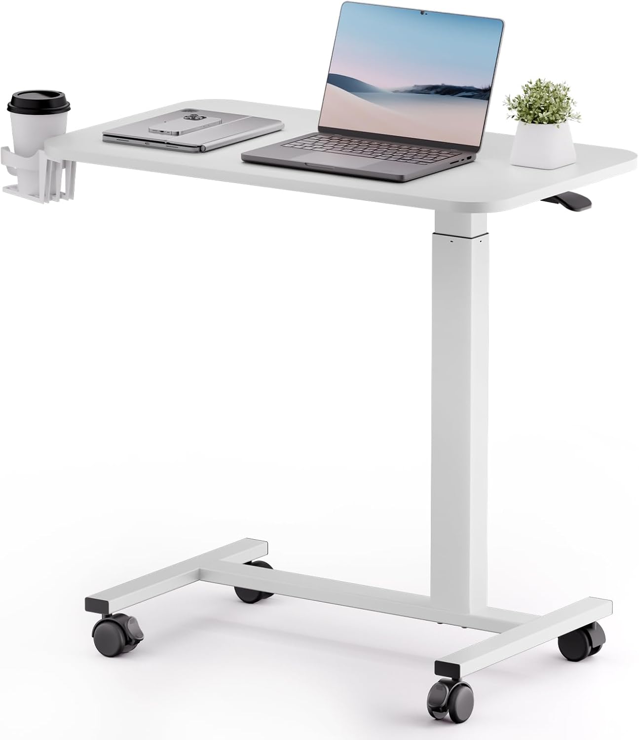 COMHOMA Adjustable Overbed Bedside Table with Lockable Wheels, Pneumatic Rolling Desk

