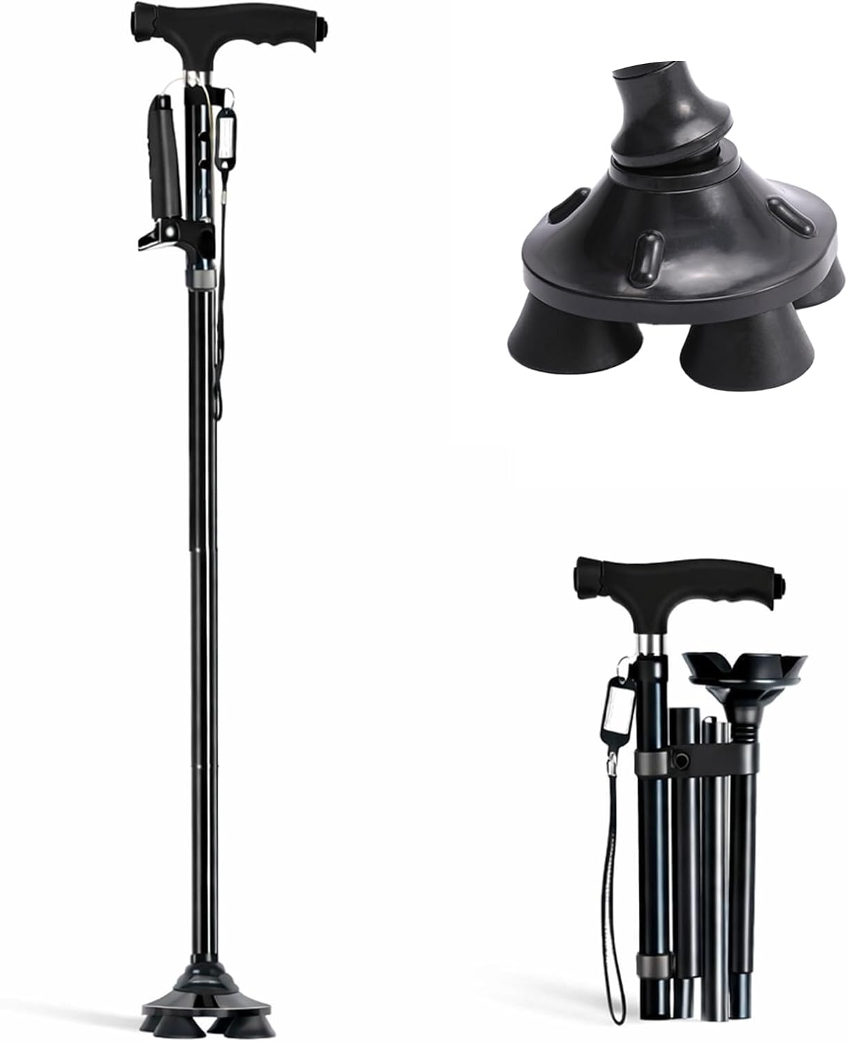 Folding Walking Cane with LED Light, Second Handle, Adjustable Quad Base, 320 lb

