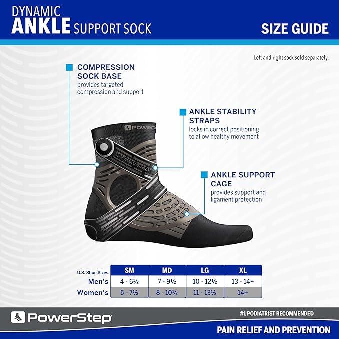 PowerStep Dynamic Ankle Support Sock with Compression and Ankle Brace, Unisex

