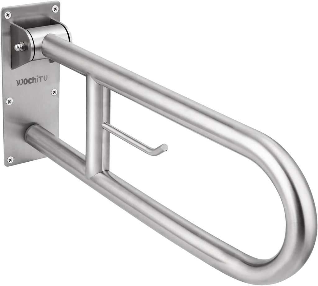 WochiTV Stainless Steel Safety Rail with Paper Holder, Flip-Up Bathroom Support

