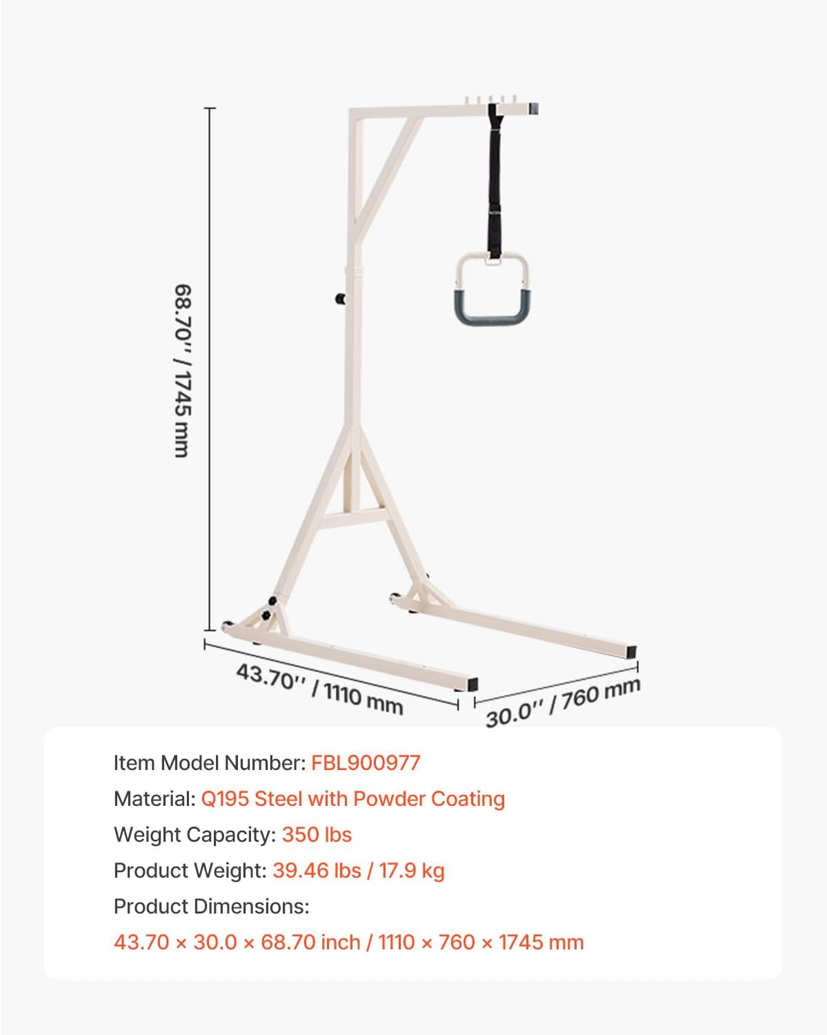 VEVOR Adjustable Bed Trapeze Bar for Mobility, 2 Casters, 350 lb Floor Stand

