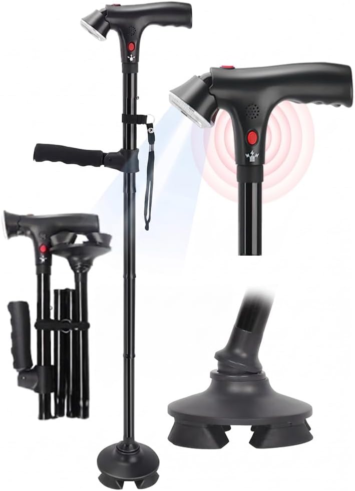 TIRAROME 3-in-1 Folding Walking Cane with SOS Alarm and LED Light, Adjustable

