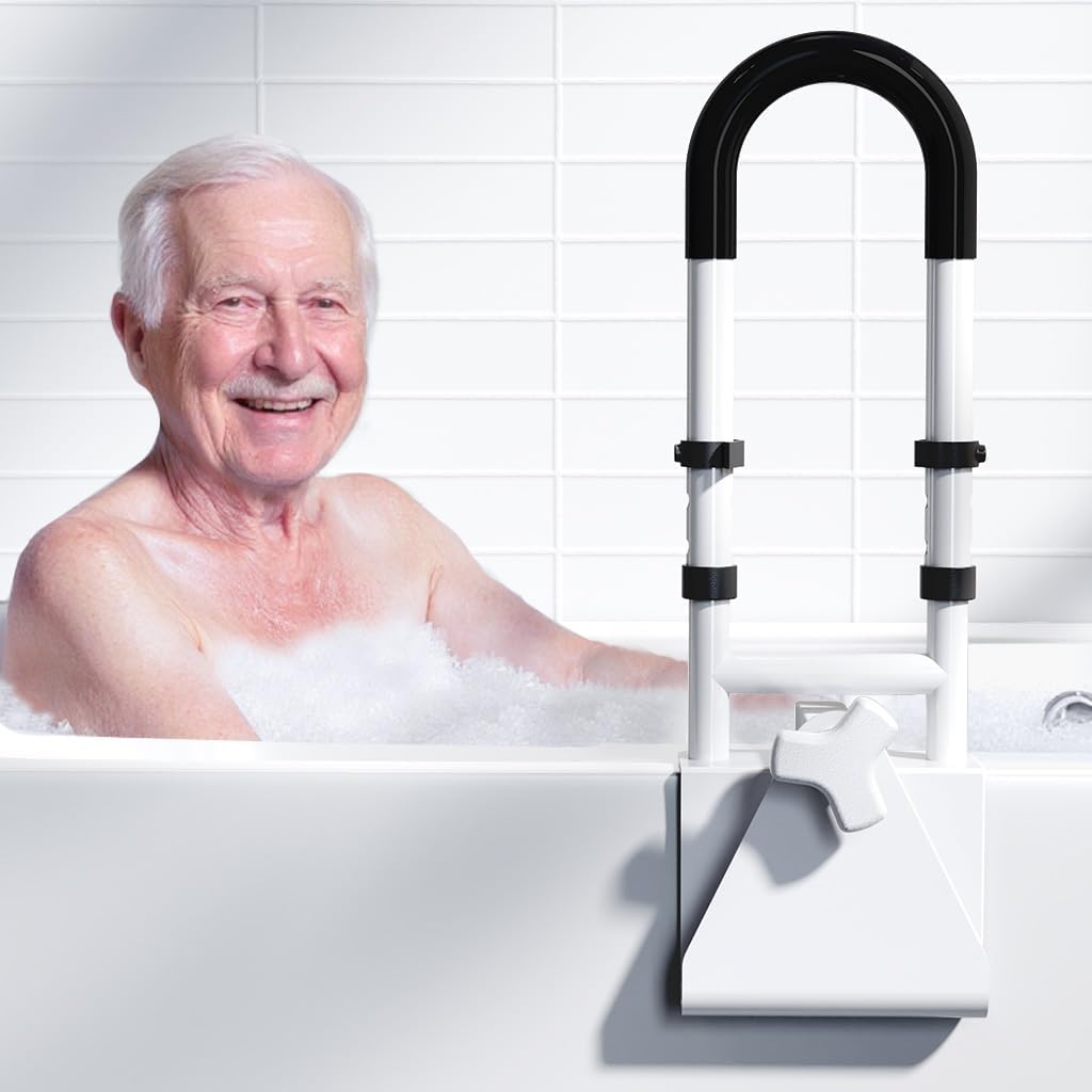 Adjustable Height Tub Grab Bar, Clamp-On Safety Rail with Non-Slip Handle, 300 lb

