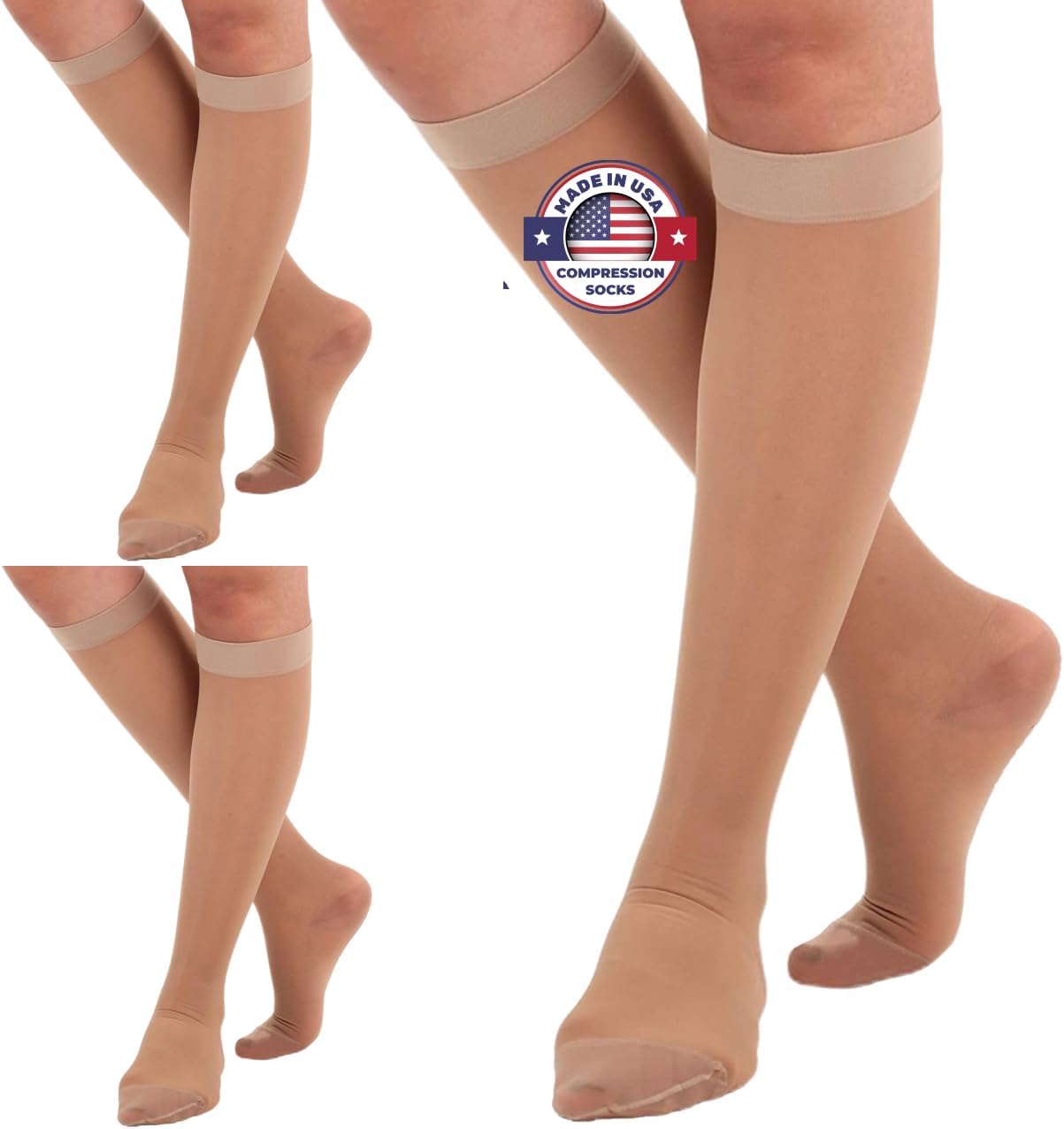 Made in USA Sheer Compression Knee High Socks for Women 15-20mmHg, 3 Pairs A101NA1-3


