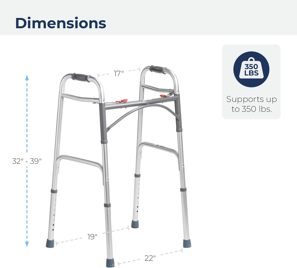 Drive Medical 2-Button Foldable Walker with Adjustable Legs, Lightweight Aluminum 350 lb

