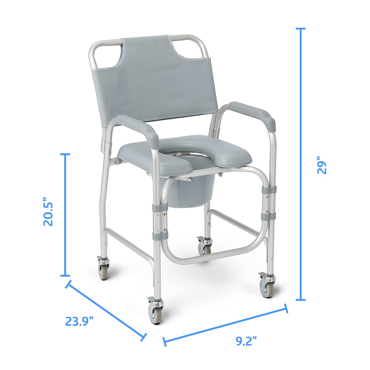 Medline Aluminum Padded Shower Chair Commode with Locking Casters, 300 lb Capacity

