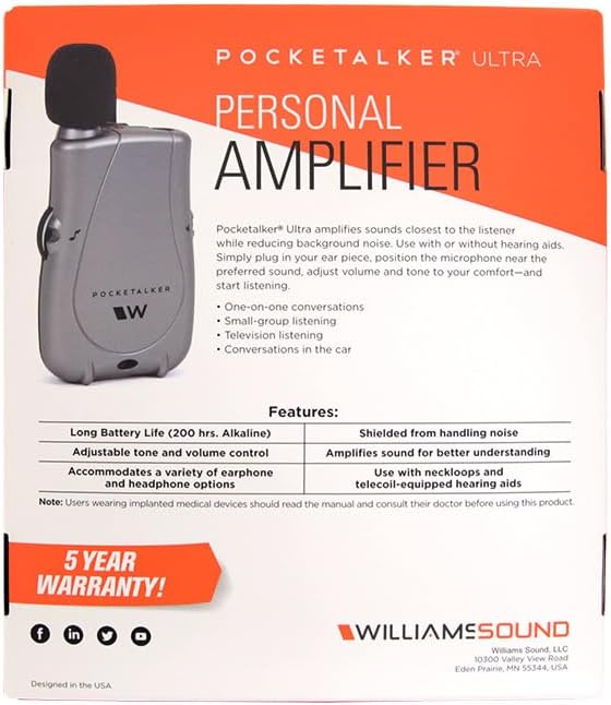 Williams Sound Pocketalker Ultra Hearing Amplifier Assistive Listening Device with Earbuds

