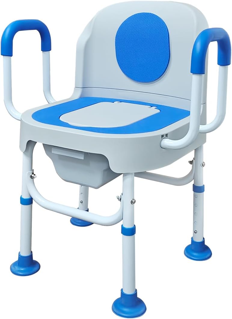 Lumizone Portable Toilet Chair Bedside Commode with Armrests & Dual-Lid Bucket

