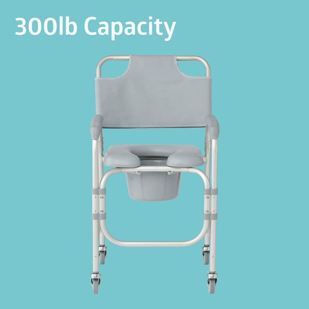 Medline Aluminum Padded Shower Chair Commode with Locking Casters, 300 lb Capacity

