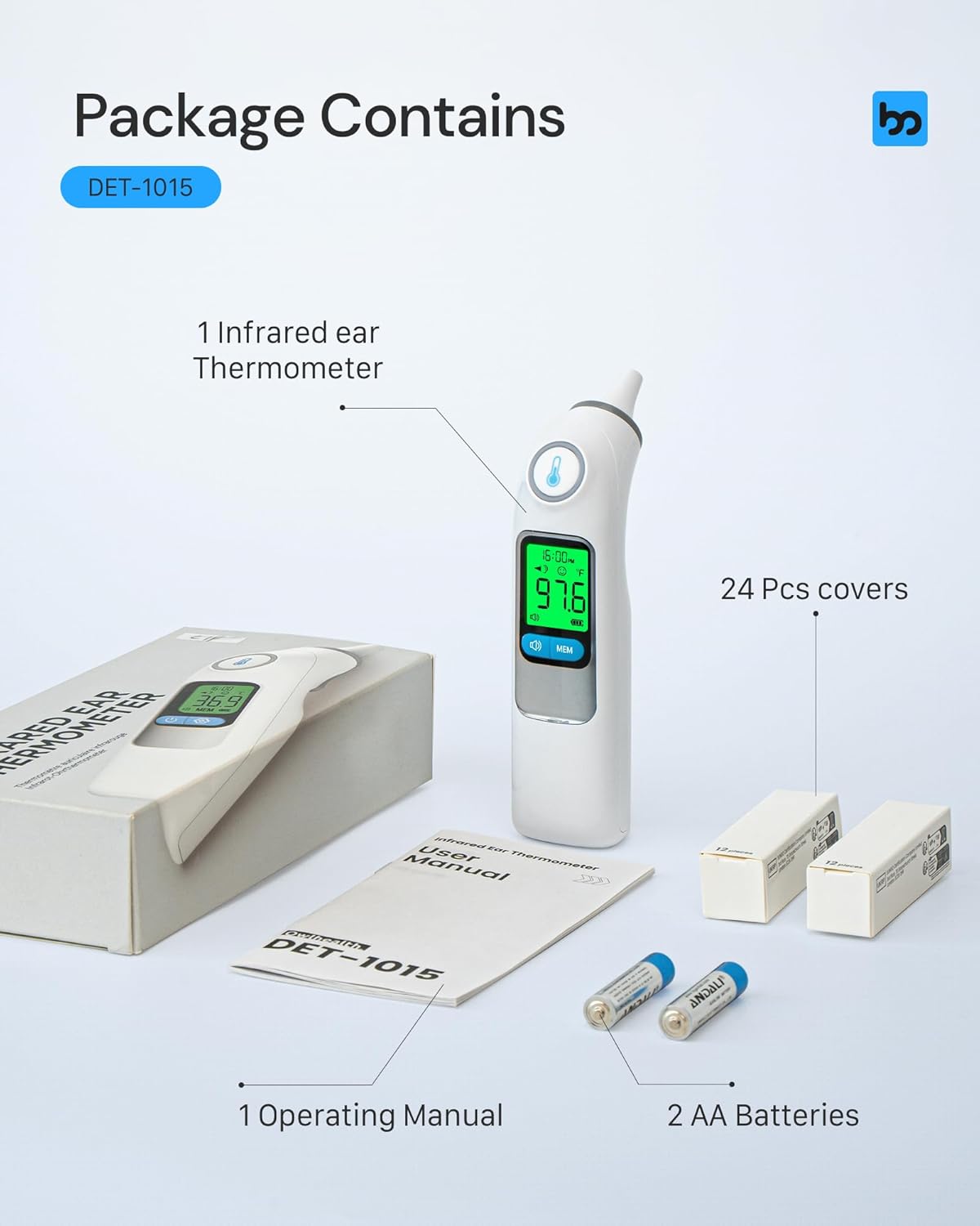 Infrared Ear Thermometer for Kids and Adults, 1-Second Read, 30 Memory, 24 Probe Covers

