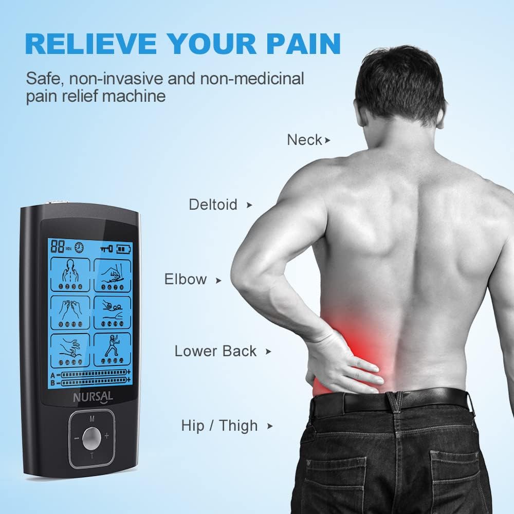 NURSAL Dual Channel TENS EMS Muscle Stimulator 24 Modes Rechargeable with 14 Pads

