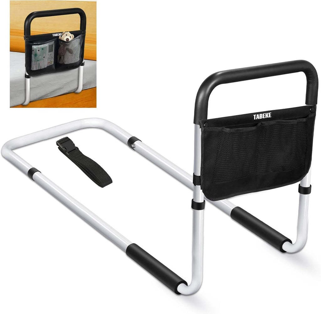 TABEKE Adjustable Bed Rail for Elderly Safety with Non-Slip Handle and Storage Pockets

