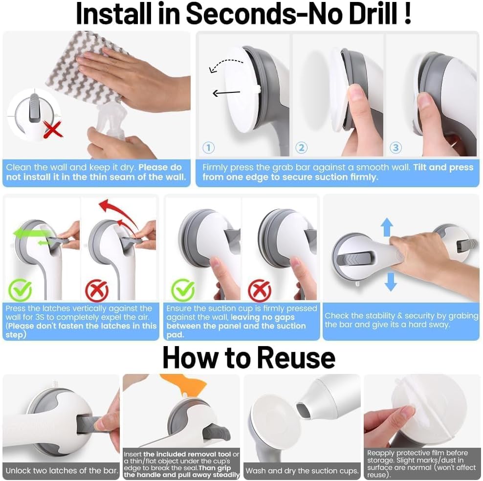 Quiheat Suction Shower Grab Bar for Bathtub, Wall Safety Handle, No Drilling

