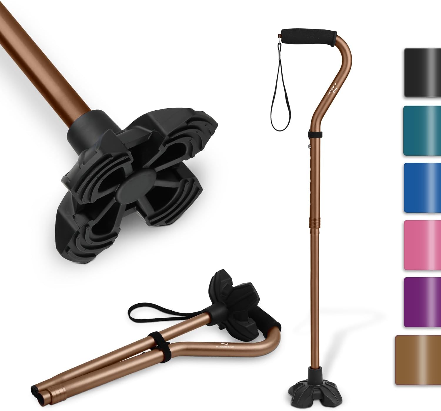 KINGGEAR F1 Folding Walking Cane for Seniors, Lightweight Quad Base

