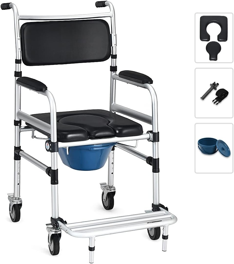 Goplus 4-in-1 Shower Commode Wheelchair with Arms, Rolling Toilet Chair

