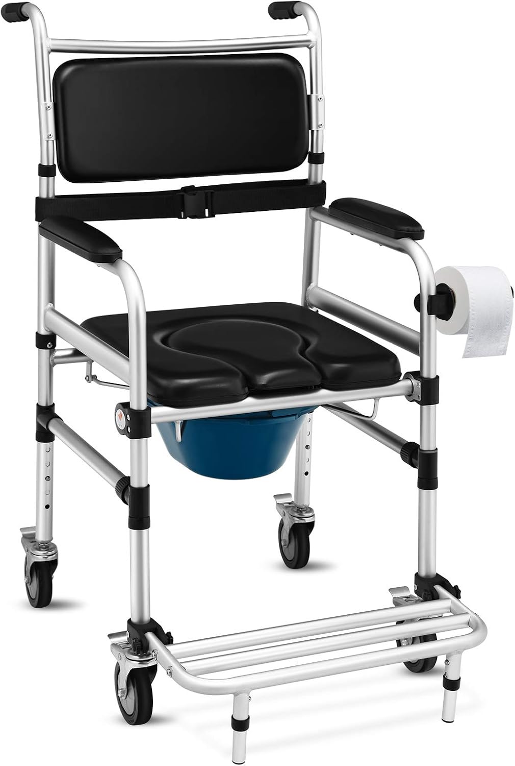 Goplus 4-in-1 Shower Commode Wheelchair with Arms, Rolling Toilet Chair

