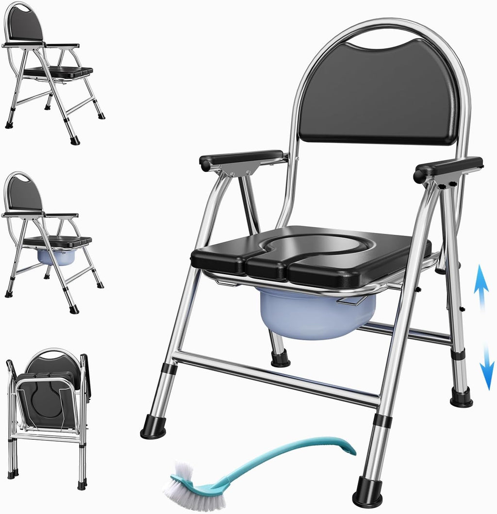 4-in-1 Folding Bedside Commode Chair for Elderly with Arms and Back, Adjustable Height

