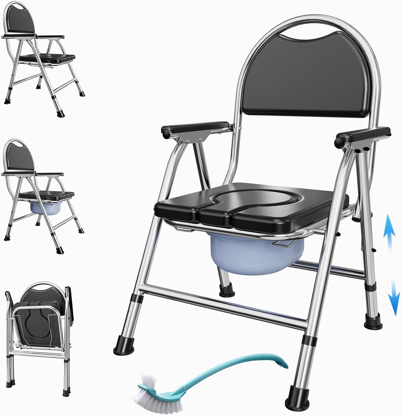4-in-1 Folding Bedside Commode Chair for Elderly with Arms and Back, Adjustable Height

