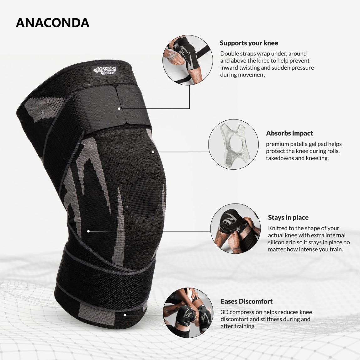 Anaconda Fightwear Knee Brace Compression Sleeve with Gel Pad, Adjustable Non-Slip Wrap

