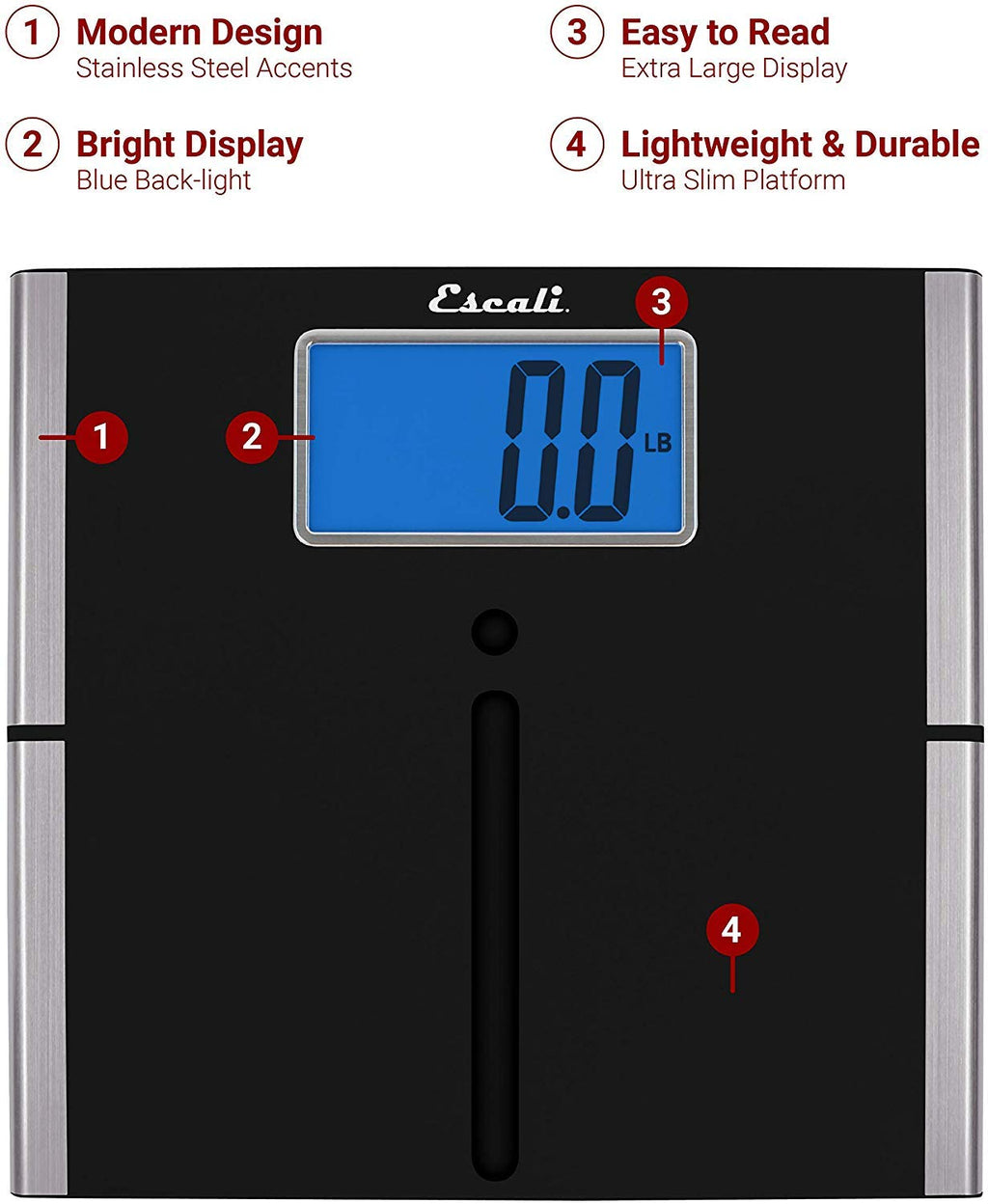 Escali Ultra Slim Digital Bathroom Scale with Extra Large Readout, 440 lb limit

