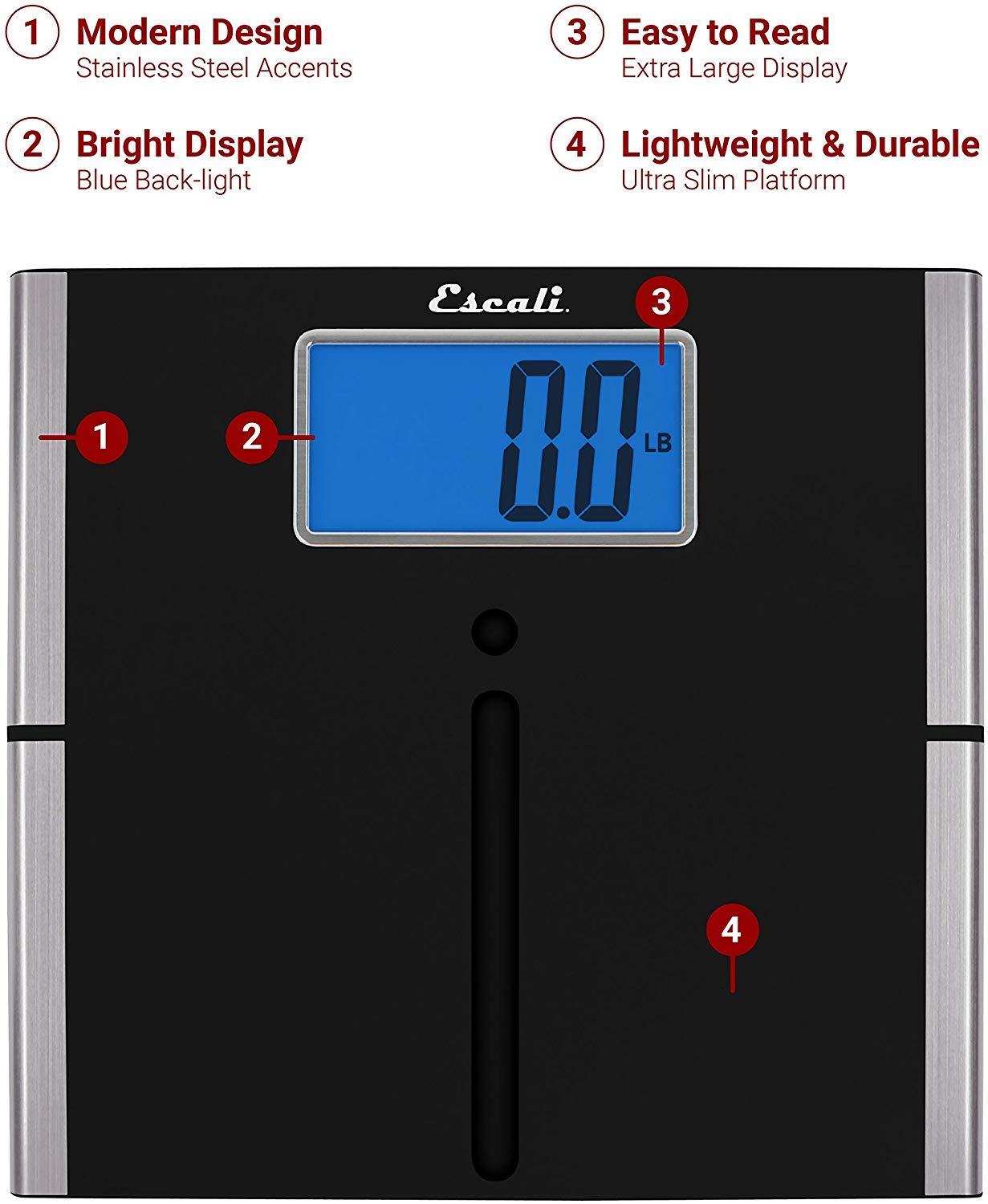 Escali Ultra Slim Digital Bathroom Scale with Extra Large Readout, 440 lb limit

