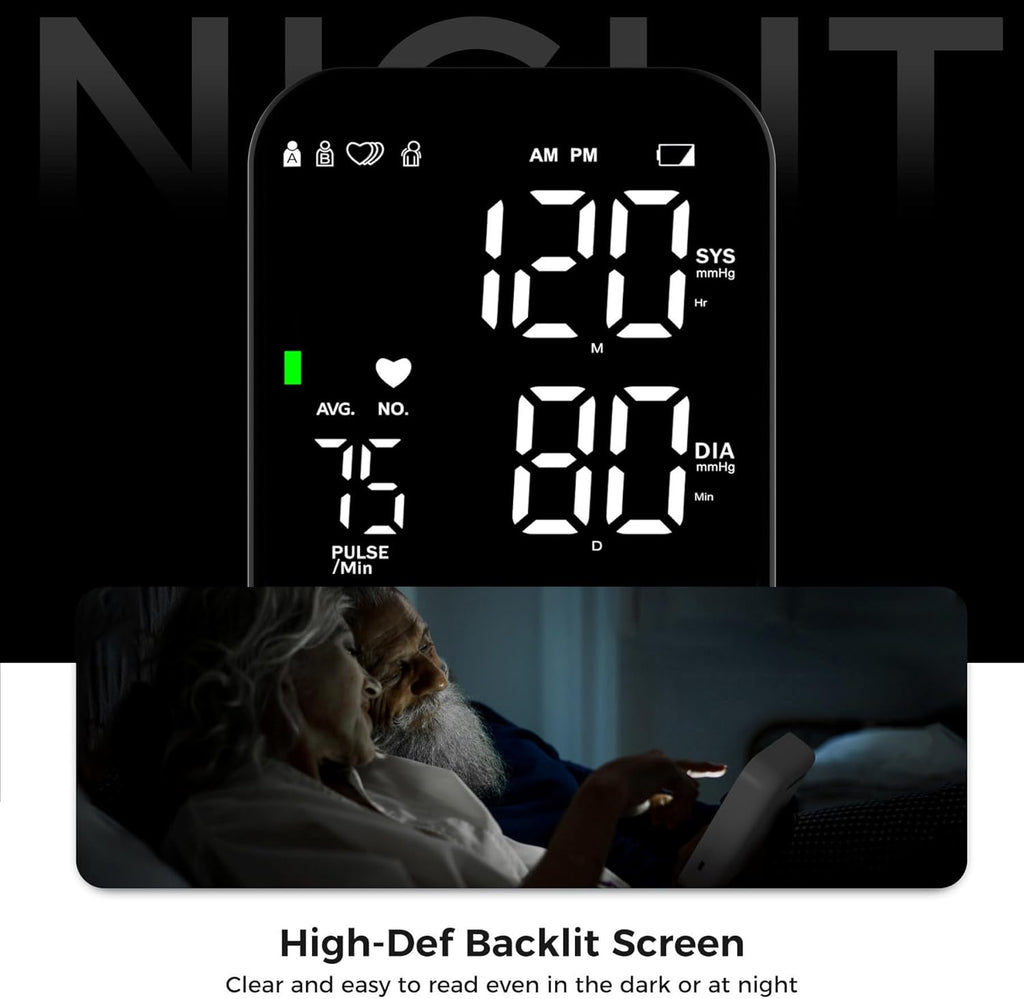 Upper Arm Blood Pressure Monitor Kit, Adjustable Cuff, LED Backlit Display, 2 Users

