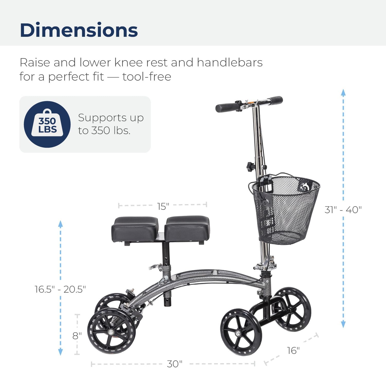 Drive Medical Adjustable Height Knee Walker Scooter with Basket and Hand Brake

