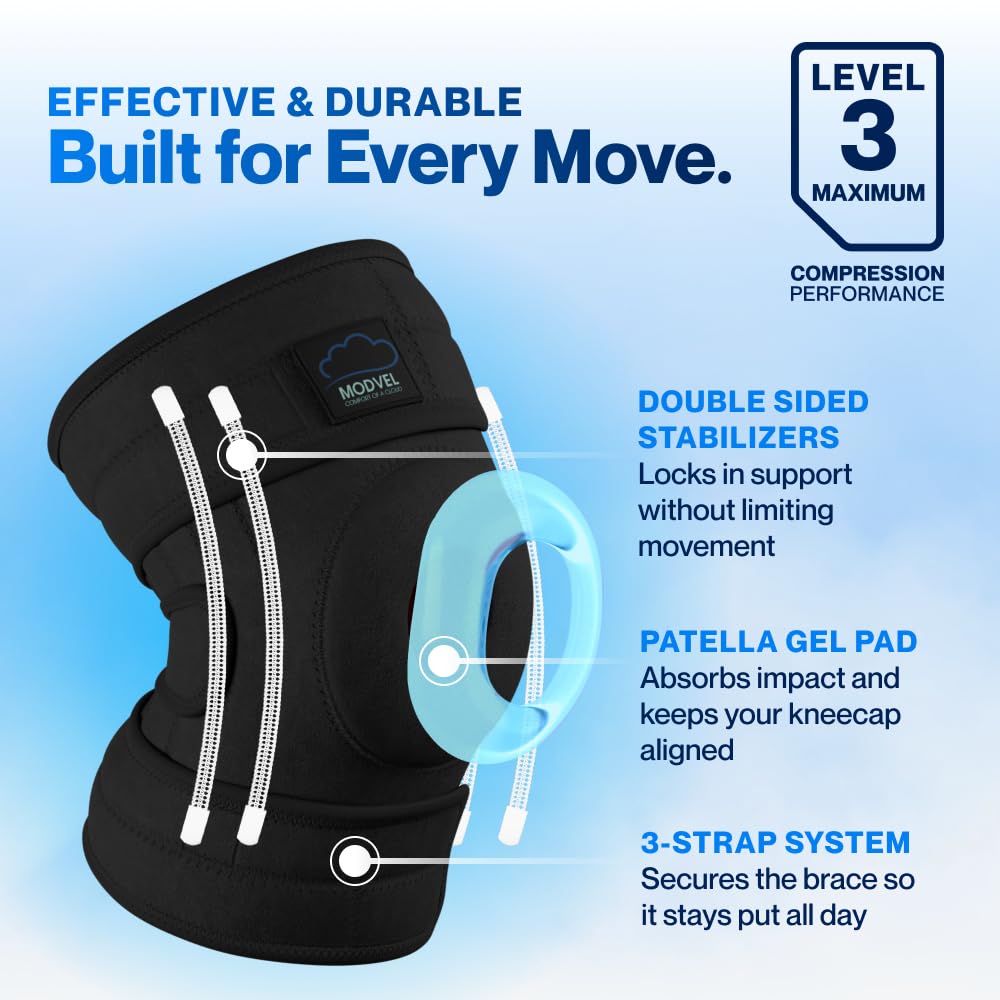 Modvel Elite Knee Brace with Patella Gel Pads and Side Stabilizers for ACL Support


