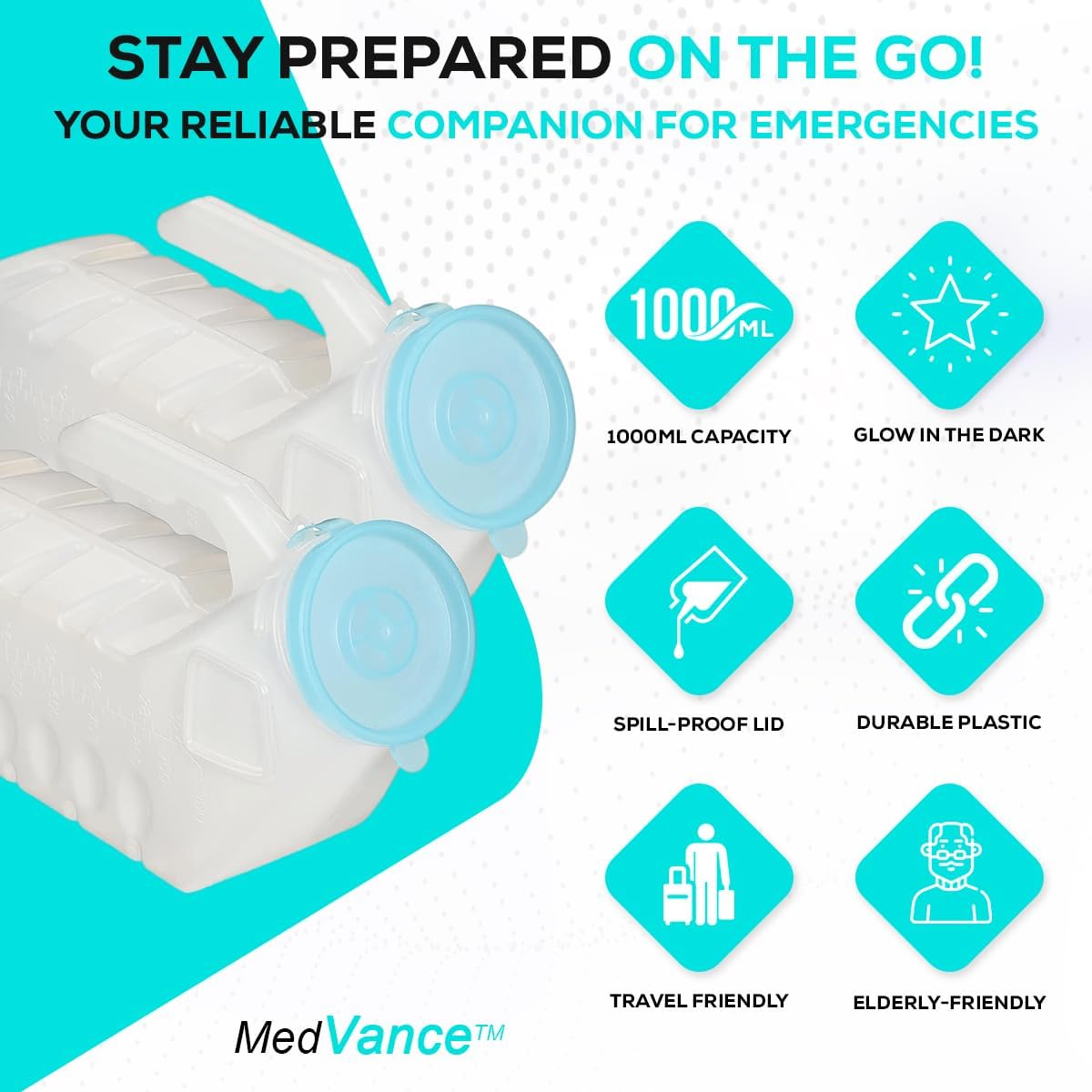 MedVance 1000ml Portable Urinals for Men, Spill-Proof Pee Bottle with Leak-Proof Lid

