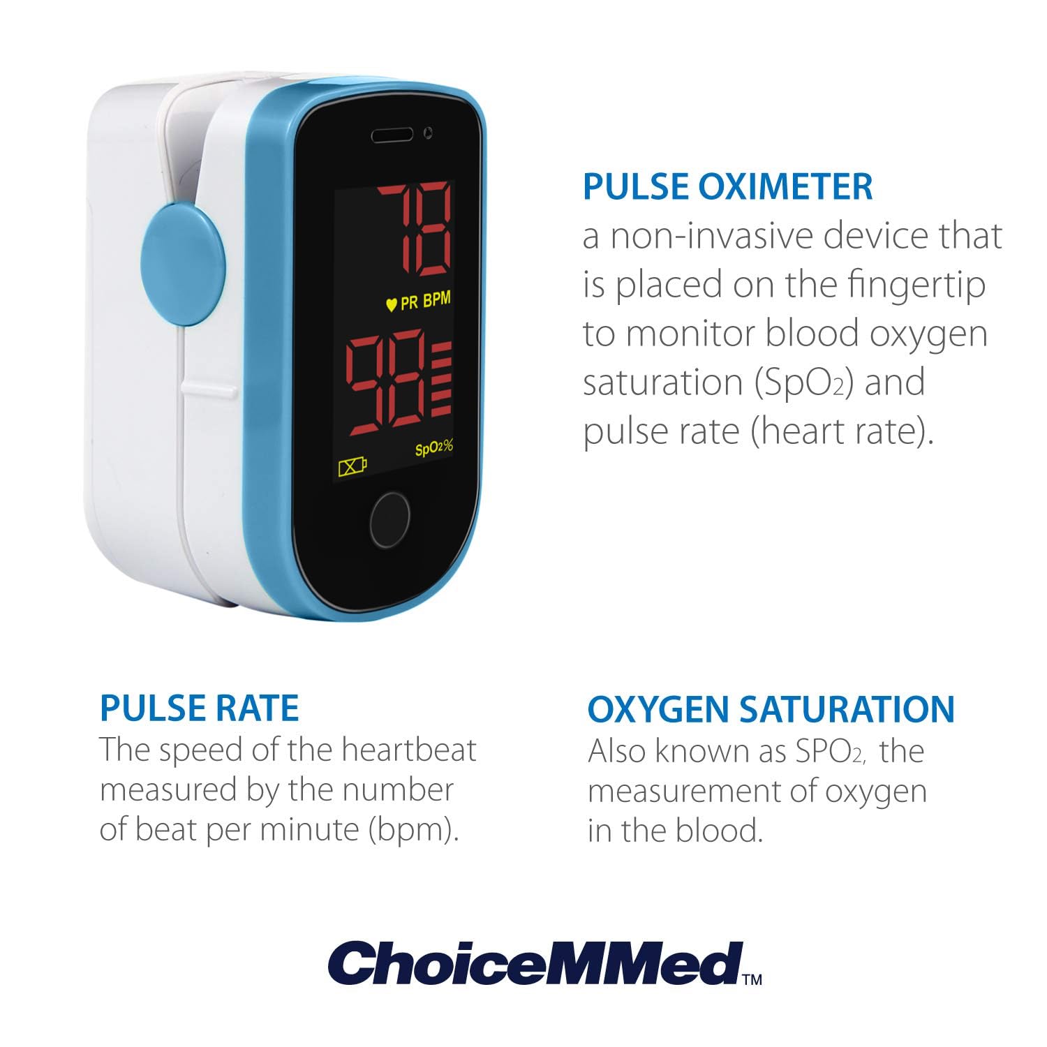 ChoiceMMed Finger Pulse Oximeter Oxygen Monitor with LED Display and Carry Pouch

