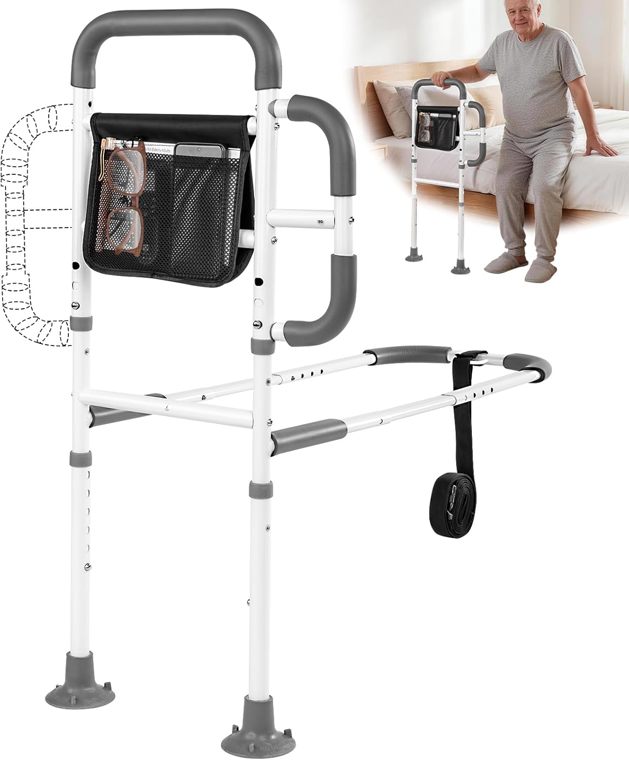 Portable Bed Assist Rail for Seniors, Non-Slip Grab Bar with Storage Pouch

