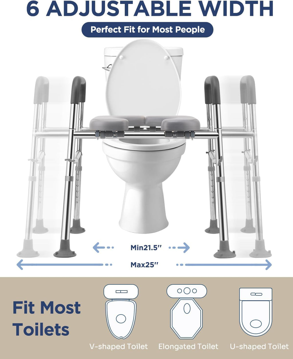Toilet Seat Riser with Handles, Stainless Steel Raised Toilet Seat, Adjustable Height


