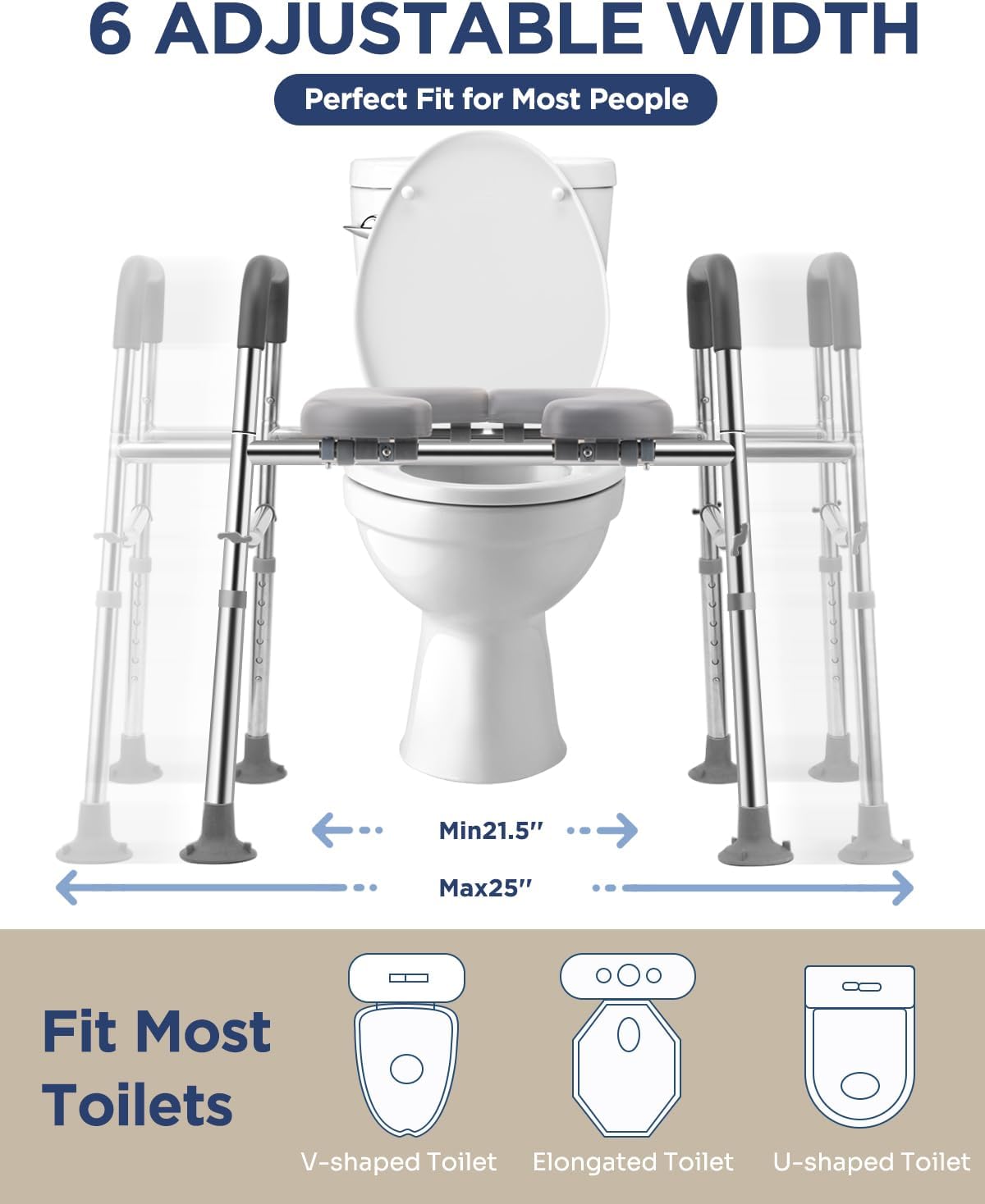 Toilet Seat Riser with Handles, Stainless Steel Raised Toilet Seat, Adjustable Height

