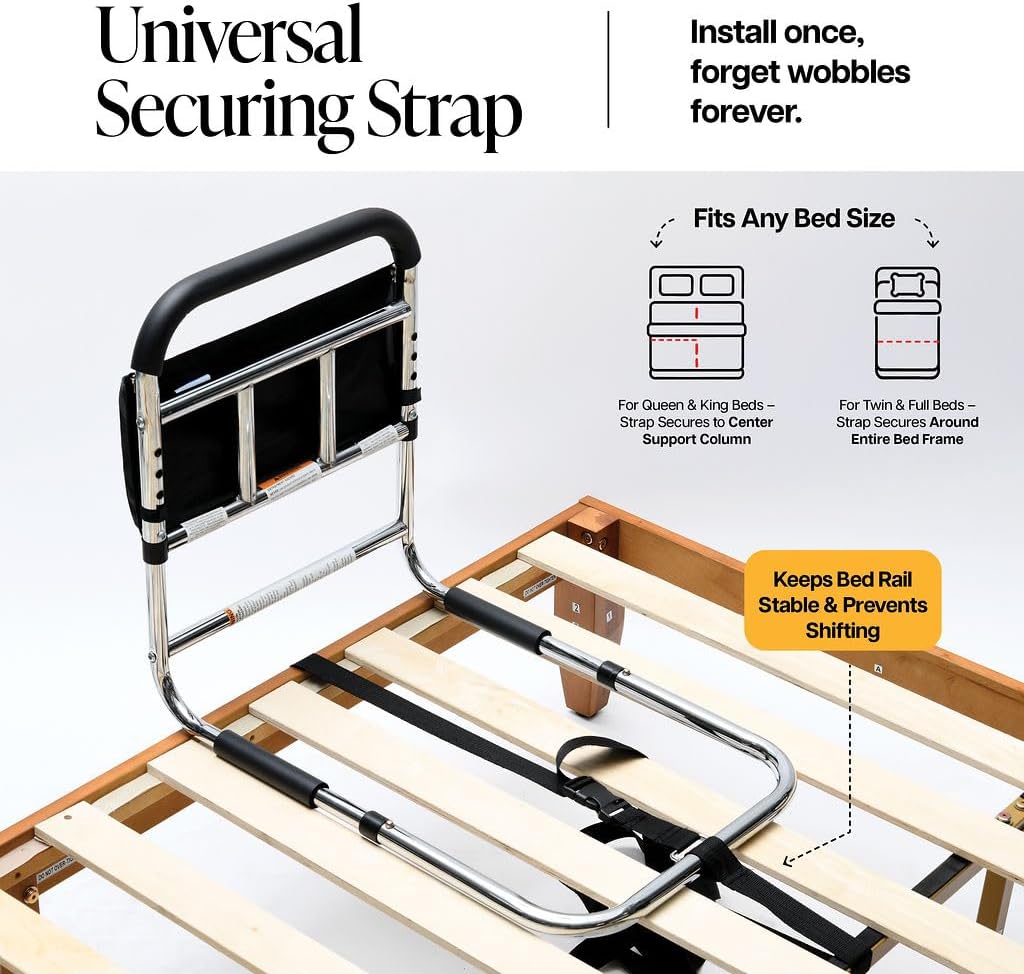 Medical Bed Assist Rail for Seniors with Storage Pocket, Floor Support, ASTM Approved

