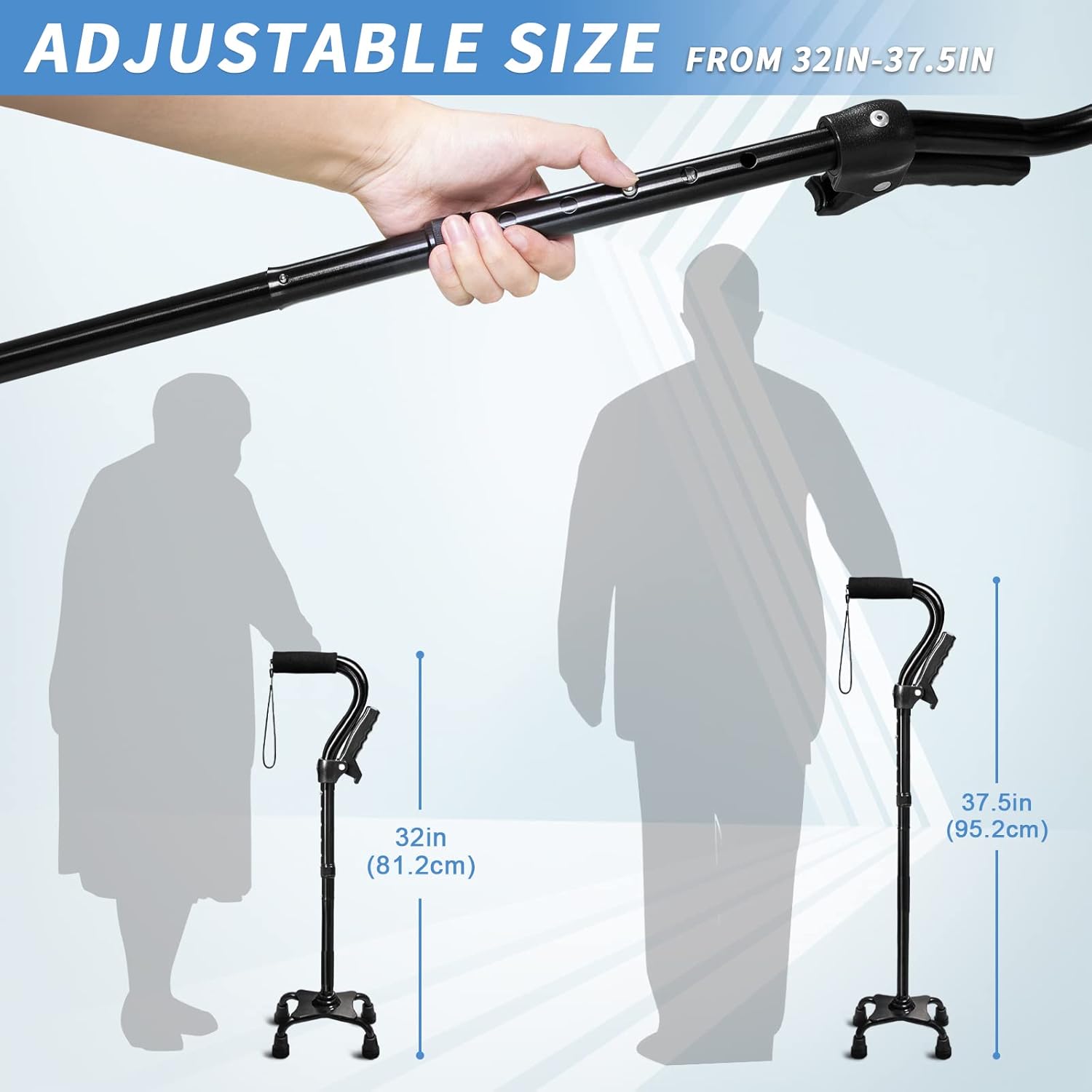KingPavonini Adjustable Folding Walking Cane with Quad Base and Dual Handle

