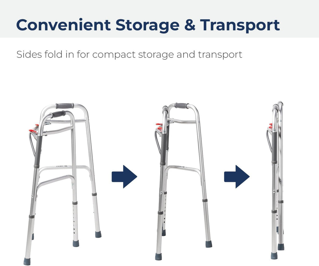 Drive Medical 2-Button Foldable Walker with Adjustable Legs, Lightweight Aluminum 350 lb

