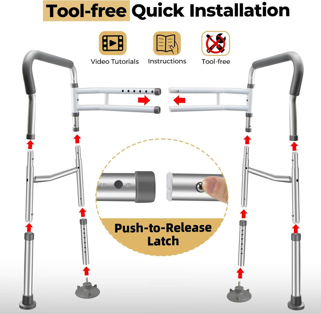 Adjustable Toilet Safety Rails, Foldable Grab Bar Handles, Aluminum Frame


