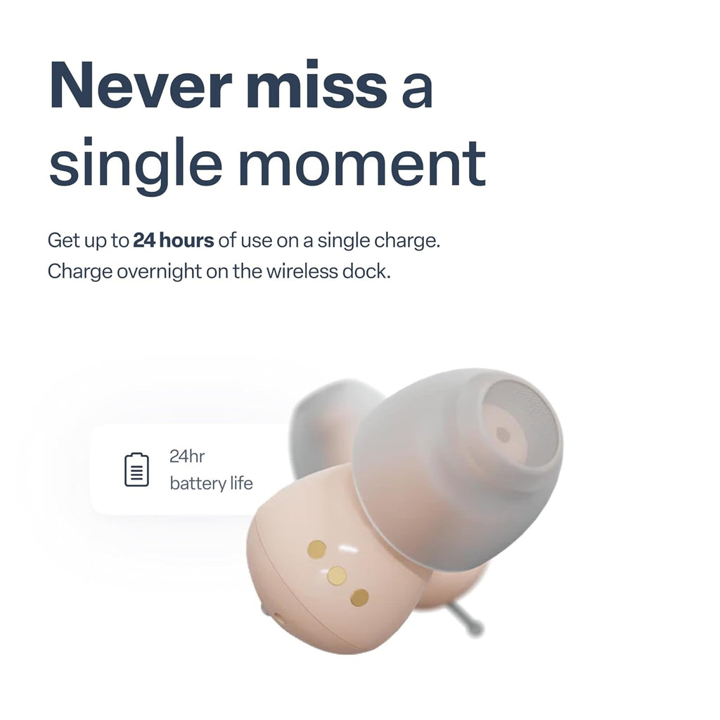 Audien Atom One OTC rechargeable wireless hearing aids with charging dock

