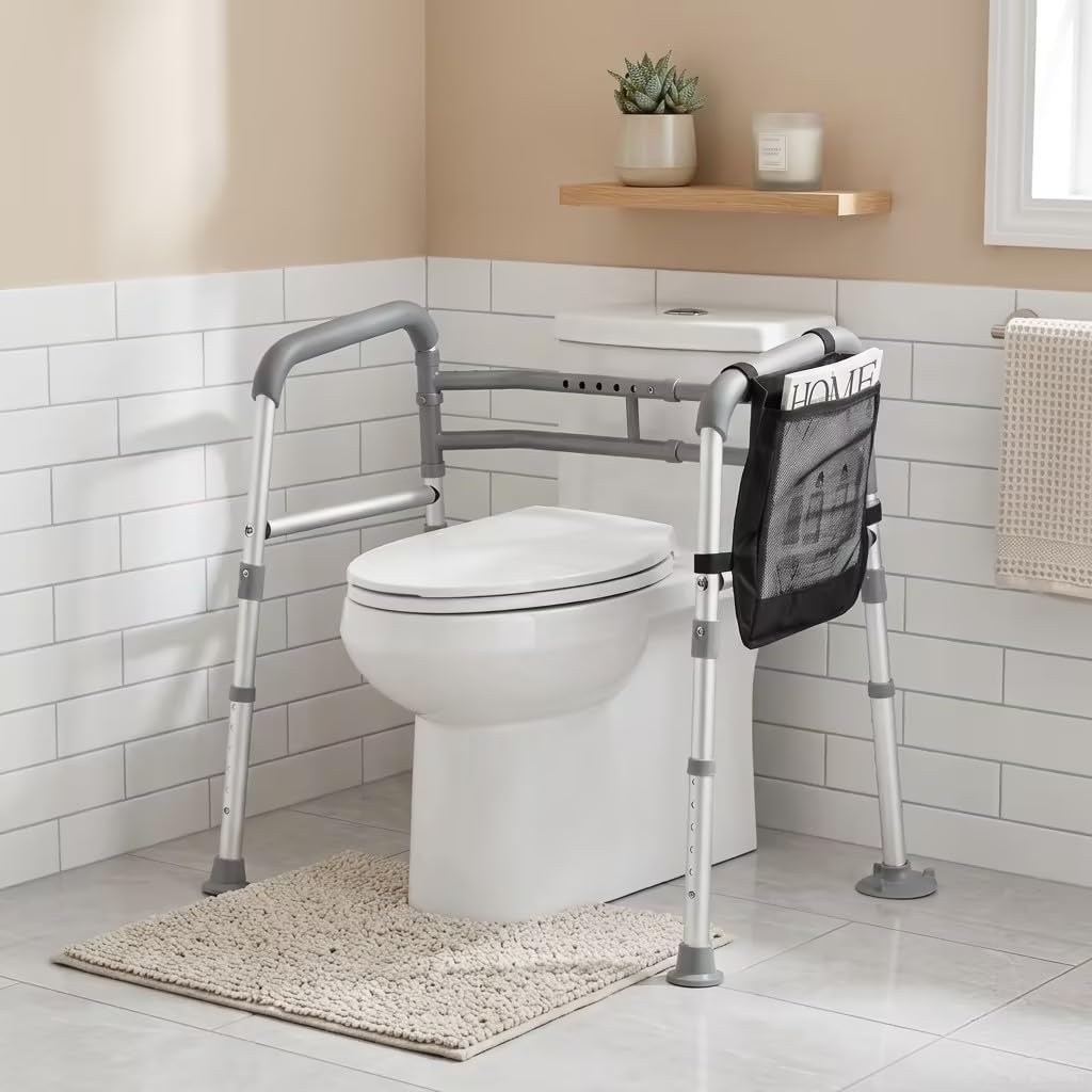 TABEKE Toilet Safety Rails for Seniors Adjustable Height Width Foldable Handles

