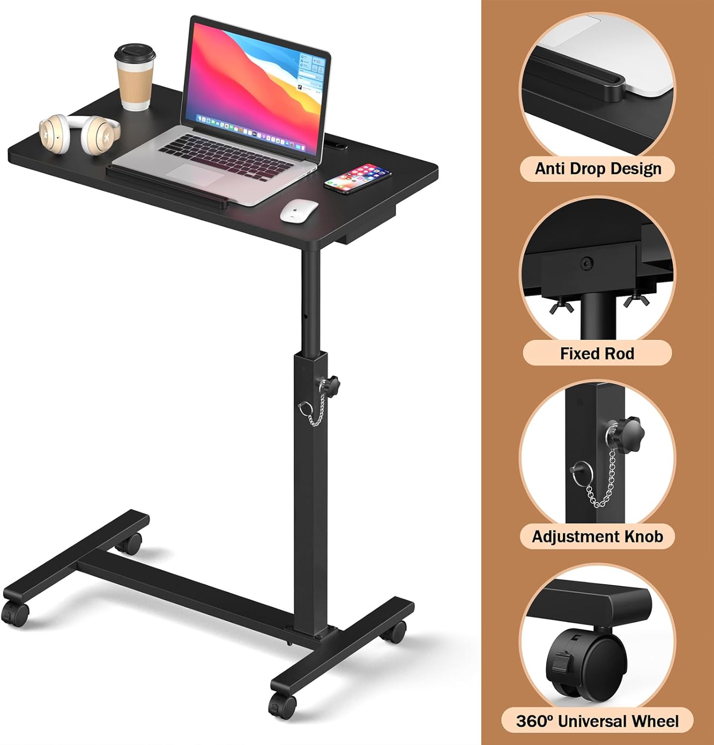 Eocnrhe Adjustable Overbed Bedside Table with Wheels, Rolling Hospital Desk

