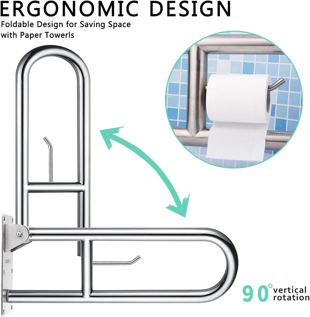 WochiTV Stainless Steel Safety Rail with Paper Holder, Flip-Up Bathroom Support

