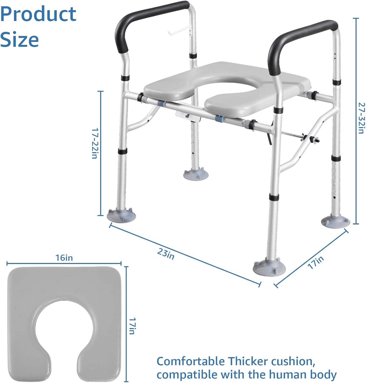 Raised Toilet Seat with Handles, Adjustable Height Padded Commode Seat 400 lb

