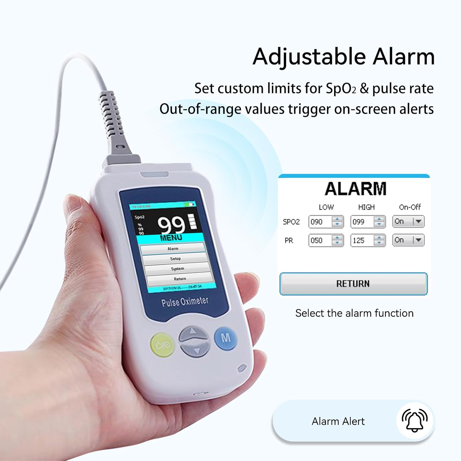 Fingertip Pulse Oximeter with Alarm, SpO2 Heart Rate Monitor, HD Display

