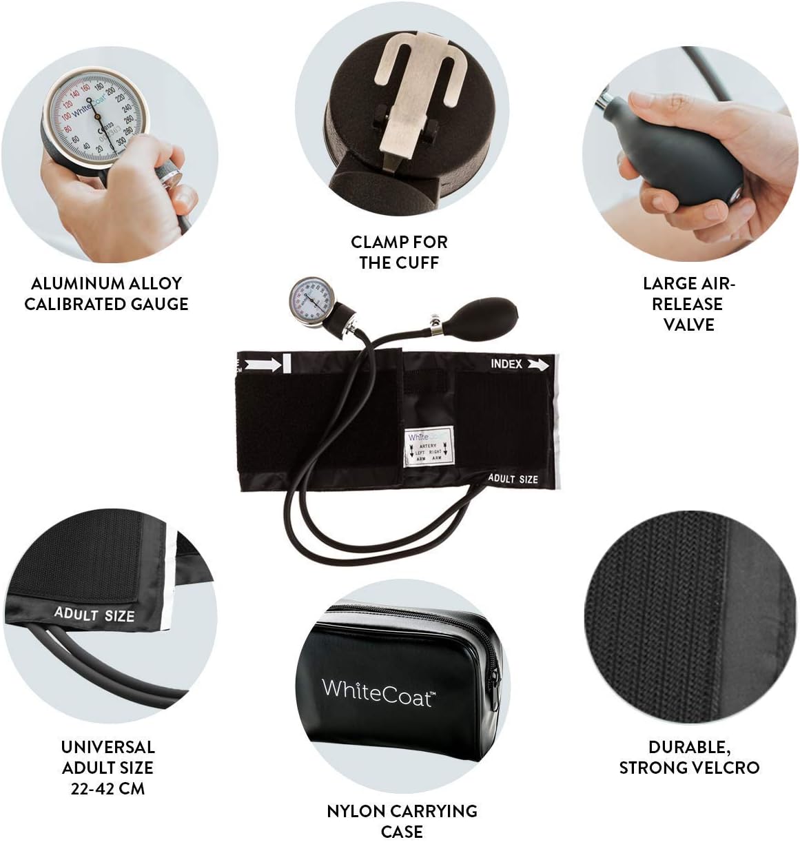 White Coat Deluxe Aneroid Sphygmomanometer Blood Pressure Monitor with Cuff & Case

