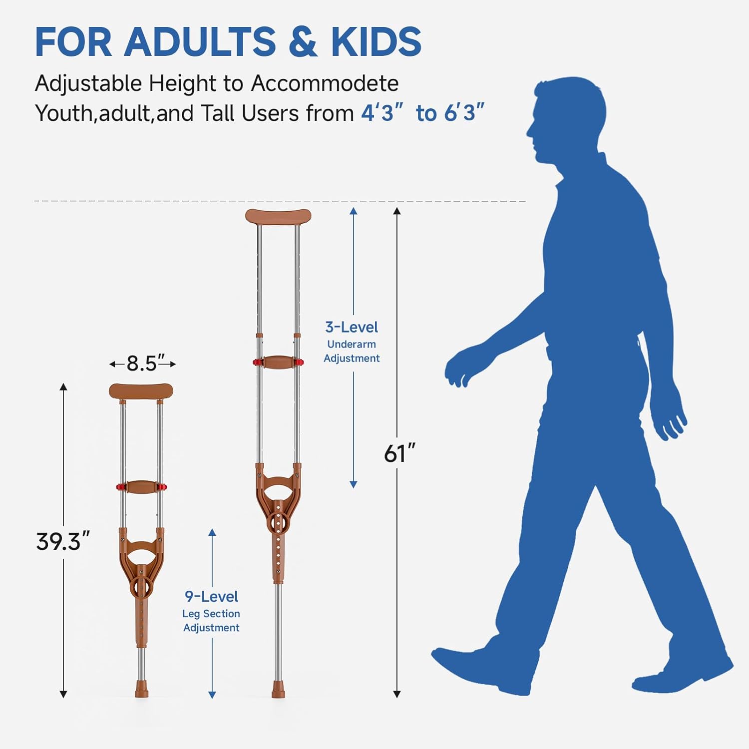 Loyoda Adjustable Underarm Crutch with Dual Height Adjustment and Shock Absorption

