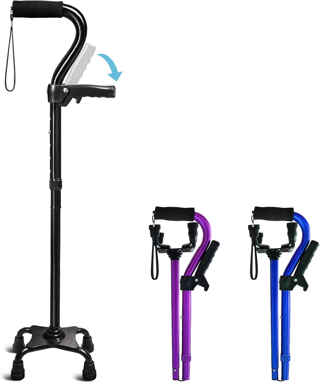 KingPavonini Adjustable Folding Walking Cane with Quad Base and Dual Handle

