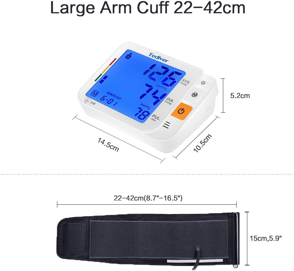 Digital Upper Arm Blood Pressure Monitor, Backlit LCD, Electric Power Charger

