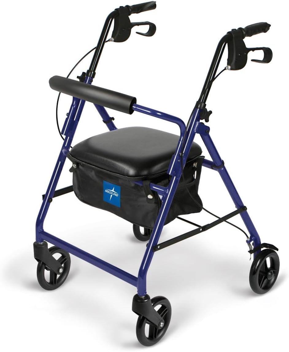 Medline Aluminum Rollator Walker with Seat, Foldable, 6 in Wheels, 250 lb Capacity

