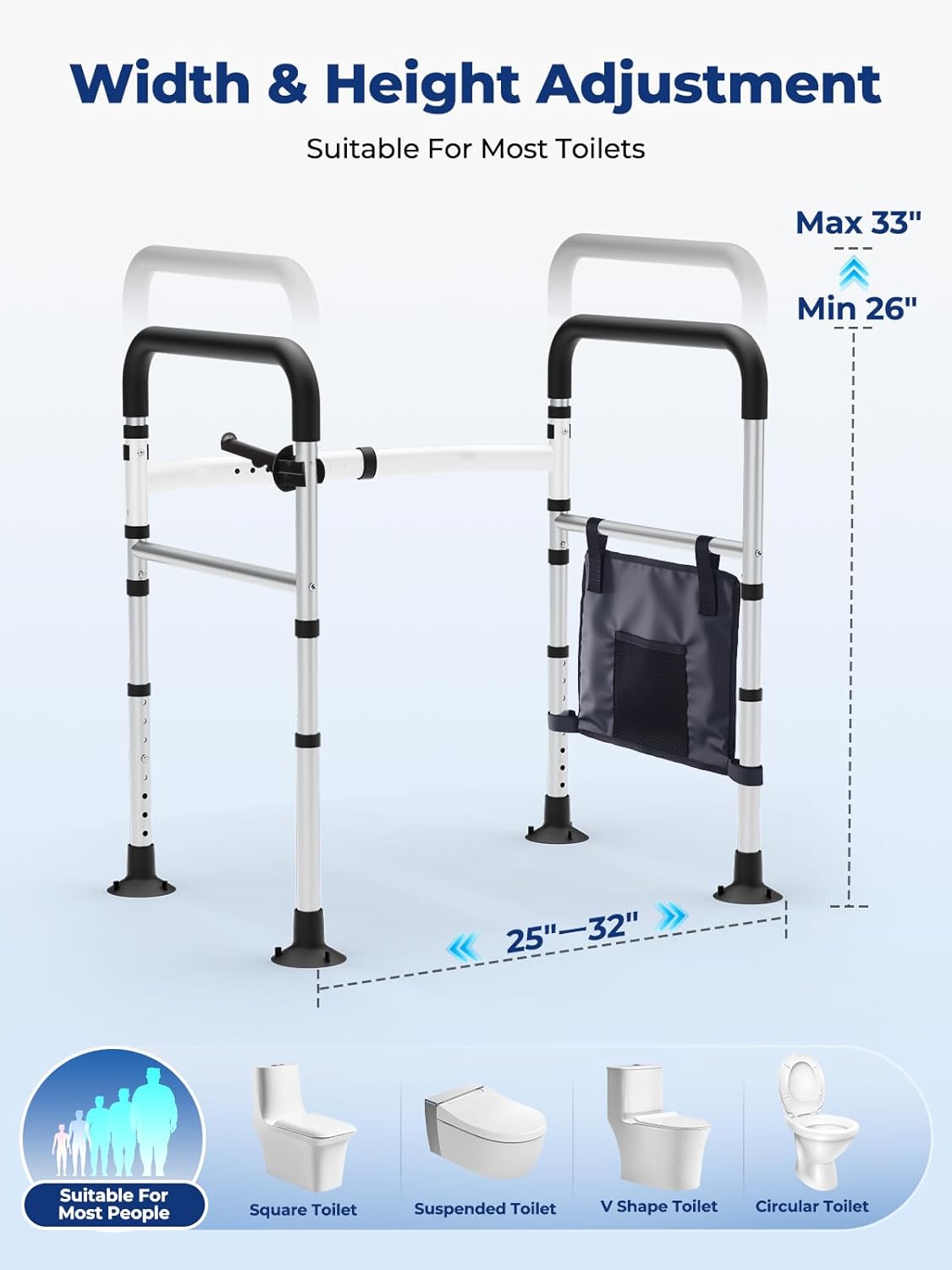 WHLICKS Adjustable Toilet Safety Rails for Seniors, Elderly, Handicap, Foldable Frame

